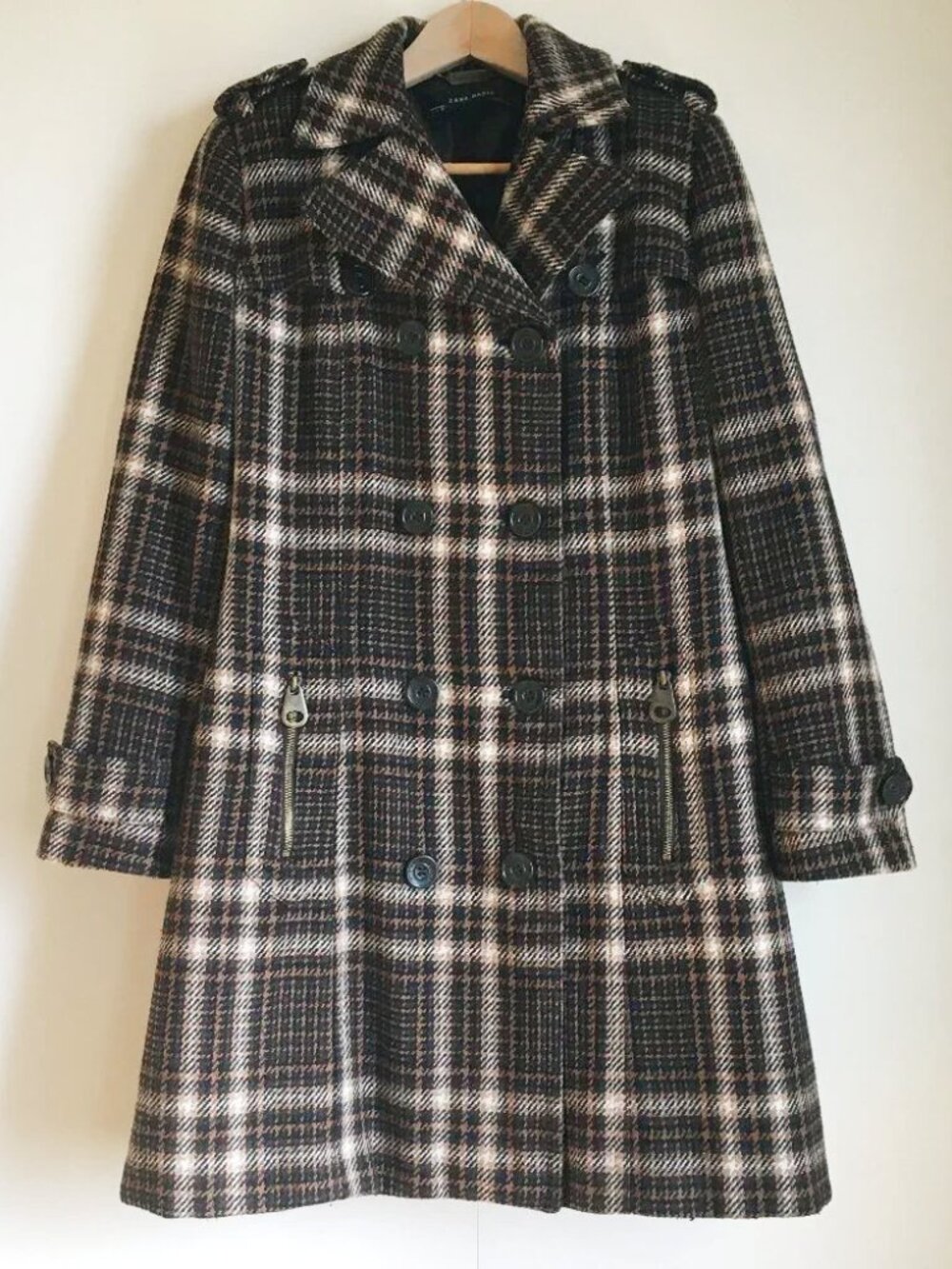 Zara Houndstooth Plaid Double-Breasted Trench Coat Jacket - L
